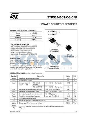 STPS2545CFP datasheet - POWER SCHOTTKY RECTIFIER
