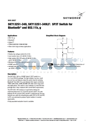 SKY13251-349 datasheet - SP3T Switch for Bluetooth^ and 802.11b, g