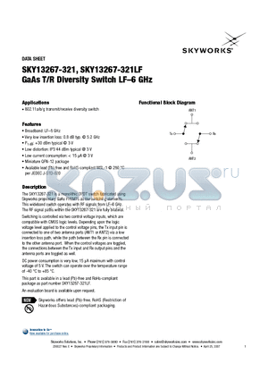 SKY13267-321 datasheet - GaAs T/R Diversity Switch LF-6 GHz