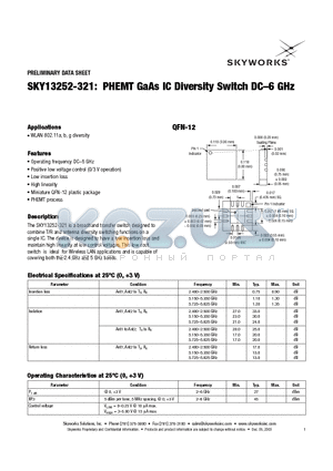 SKY13252-321 datasheet - PHEMT GaAs IC Diversity Switch DC-6 GHz