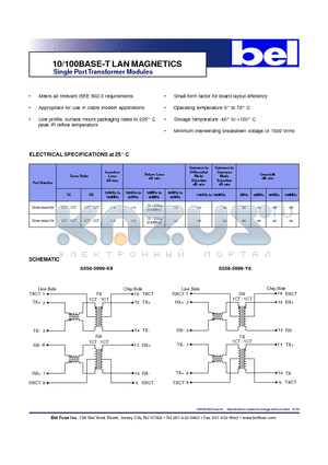 S558-5999-K8 datasheet - 10/100BASE-T LAN MAGNETICS Single Port Transformer Modules