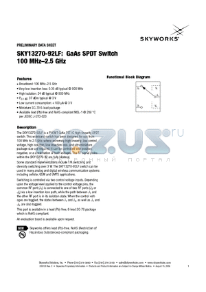 SKY13270-92LF datasheet - GaAs SPDT Switch 100 MHz-2.5 GHz