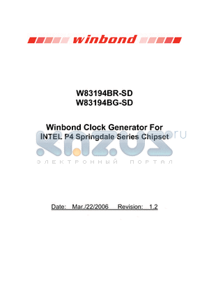 W83194BG-SD datasheet - Winbond Clock Generator For INTEL P4 Springdale Series Chipset