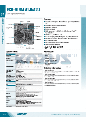 TF-ECB-916M-A10 datasheet - Supports COM Express Module Pin-out Type 1/ 2 (COM.0 Rev.1.0)