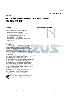 SKY13290-313LF datasheet - PHEMT 10 W SPDT Switch 500 MHz-2.5 GHz
