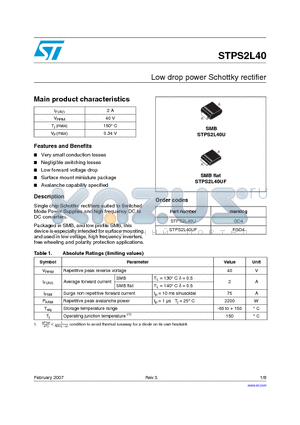 STPS2L40U datasheet - Low drop power Schottky rectifier