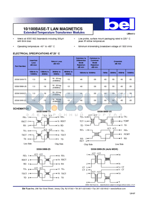 S558-5999-U5 datasheet - 10/100BASE-T LAN MAGNETICS, Extended Temperature Transformer Modules