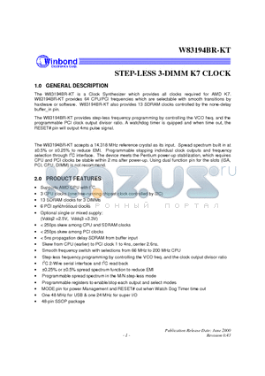 W83194BR-KT datasheet - STEP-LESS 3-DIMM K7 CLOCK