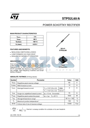 STPS2L60A datasheet - POWER SCHOTTKY RECTIFIER