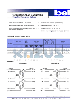 S558-5999-Y8 datasheet - 10/100BASE-T LAN MAGNETICS Single Port Transformer Modules