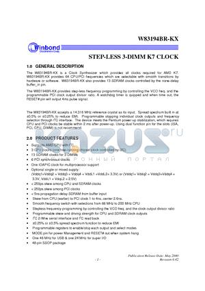 W83194BR-KX datasheet - STEP-LESS 3-DIMM K7 CLOCK