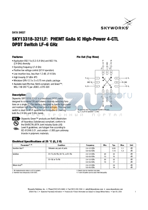 SKY13318-321LF datasheet - PHEMT GaAs IC High-Power 4-CTL DPDT Switch LF - 6 GHz