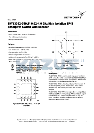 SKY13392-359LF datasheet - 0.02-4.0 GHz High Isolation SP4T Absorptive Switch With Decoder