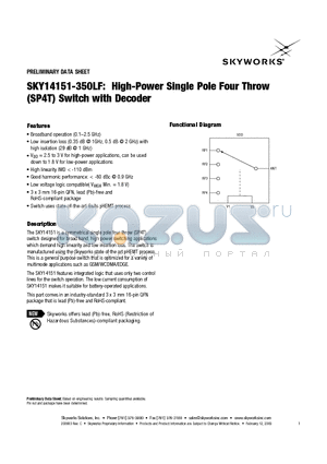 SKY14151-350LF datasheet - High-Power Single Pole Four Throw (SP4T) Switch with Decoder