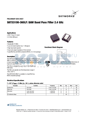 SKY33100-360LF datasheet - BAW Band Pass Filter 2.4 GHz