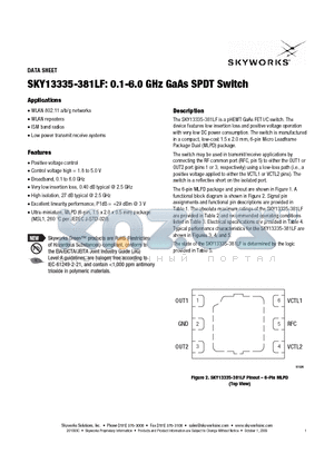 SKY13335-381LF datasheet - 0.1-6.0 GHz GaAs SPDT Switch