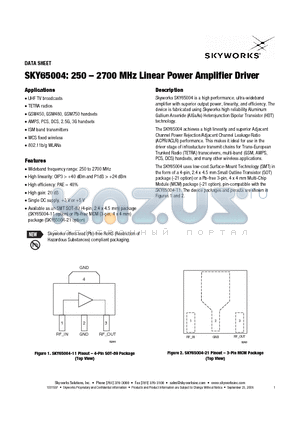SKY65004 datasheet - 250 -2700 MHz Linear Power Amplifier Driver