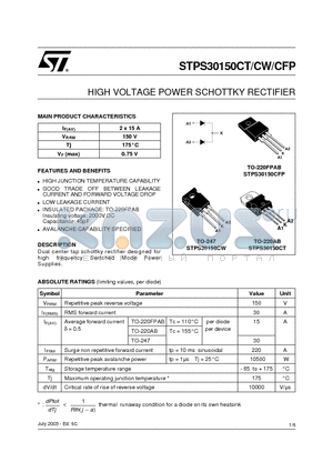 STPS30150CFP datasheet - HIGH VOLTAGE POWER SCHOTTKY RECTIFIER