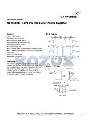 SKY65006 datasheet - 3.3 V, 2.5 GHz Linear Power Amplifier