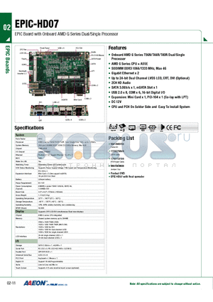 TF-EPIC-HD07-A10 datasheet - EPIC Board with Onboard AMD G Series Dual/Single Processor