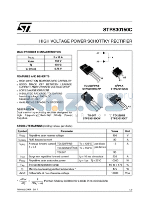 STPS30150CT datasheet - HIGH VOLTAGE POWER SCHOTTKY RECTIFIER