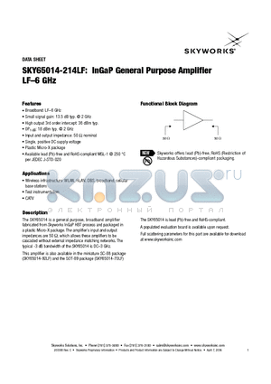SKY65014-214LF datasheet - InGaP General Purpose Amplifier LF-6 GHz