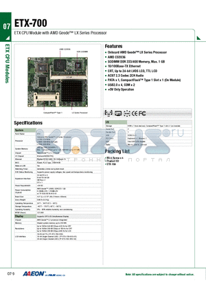 TF-ETX-700-B10-02 datasheet - ETX CPU Module with AMD Geode LX Series Processor