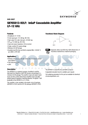 SKY65013-92LF datasheet - InGaP Cascadable Amplifier