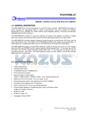 W83195BR-25 datasheet - 200MHZ 3-DIMM CLOCK FOR SOLANO CHIPSET