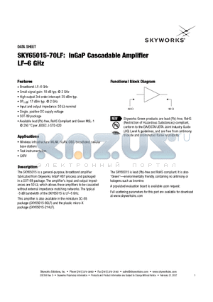 SKY65015-70LF datasheet - InGaP Cascadable Amplifier LF-6 GHz