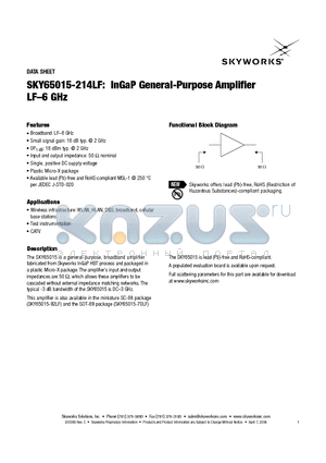 SKY65015 datasheet - InGaP General-Purpose Amplifier LF-6 GHz