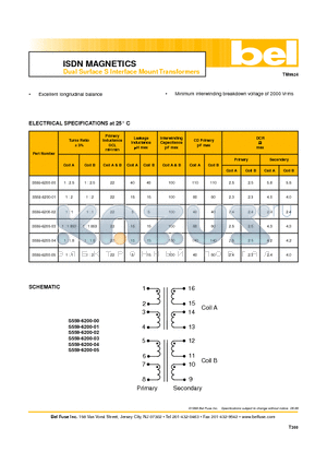 S559-6200-00 datasheet - ISDN MAGNETICS Dual Surface S Interface Mount Transformers