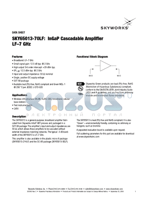SKY65013-70LF datasheet - InGaP Cascadable Amplifier LF-7 GHz