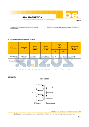 S559-6204-06 datasheet - ISDN MAGNETICS U Interface Surface Mount Transformers