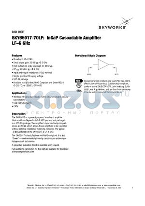 SKY65017-70LF datasheet - InGaP Cascadable Amplifier LF-6 GHz