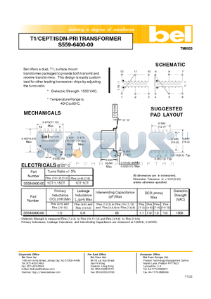 S559-6400-00 datasheet - T1/CEPT/ISDN-PRI TRANSFORMER