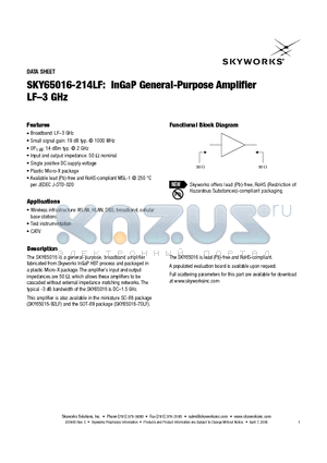 SKY65016-214LF datasheet - InGaP General-Purpose Amplifier LF-3 GHz