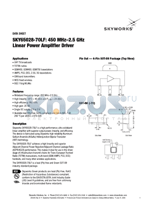 SKY65028-70LF datasheet - 450 MHz-2.5 GHz Linear Power Amplifier Driver