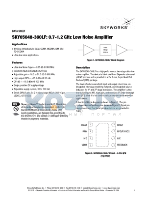SKY65048-360LF datasheet - 0.7-1.2 GHz Low Noise Amplifier