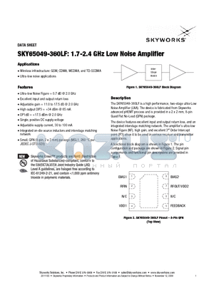 SKY65049-360LF datasheet - 1.7 - 2.4 GHz Low Noise Amplifier