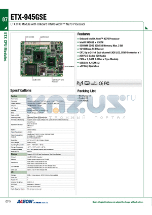 TF-ETX-945GSE-A10 datasheet - ETX CPU Module with Onboard Intel Atom N270 Processor