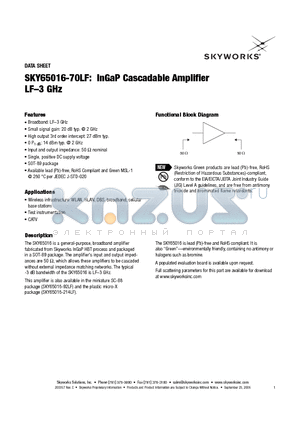 SKY65016-70LF datasheet - InGaP Cascadable Amplifier LF-3 GHz