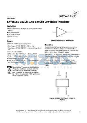 SKY65050-372LF datasheet - 0.45-6.0 GHz Low Noise Transistor