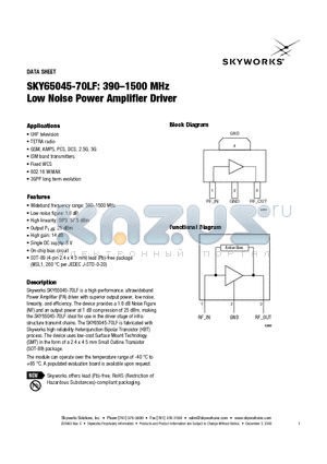 SKY65045-70LF datasheet - 390 - 1500 MHz Low Noise Power Amplifier Driver