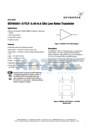 SKY65051-377LF datasheet - 0.45-6.0 GHz Low Noise Transistor