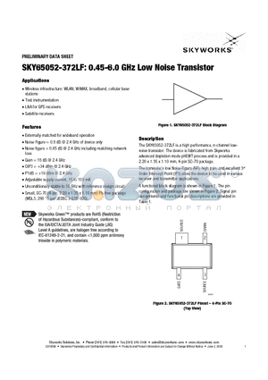 SKY65052-372LF datasheet - 0.45-6.0 GHz Low Noise Transistor