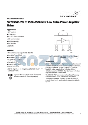 SKY65080-70LF datasheet - 1500-2500 MHz Low Noise Power Amplifier Driver