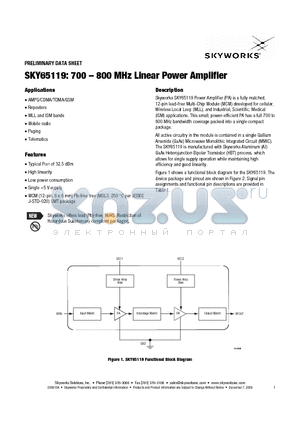 SKY65119 datasheet - 700 - 800 MHz Linear Power Amplifier