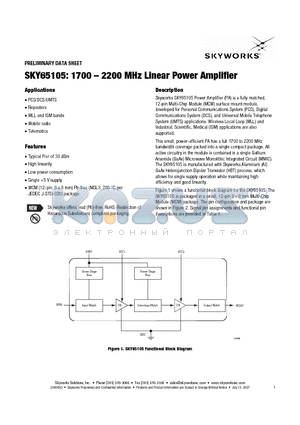 SKY65105 datasheet - 1700 - 2200 MHz Linear Power Amplifier