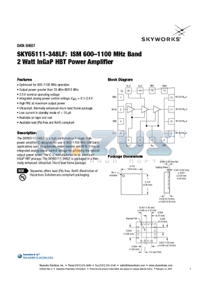 SKY65111-348LF datasheet - ISM 600-1100 MHz Band 2 Watt InGaP HBT Power Amplifier